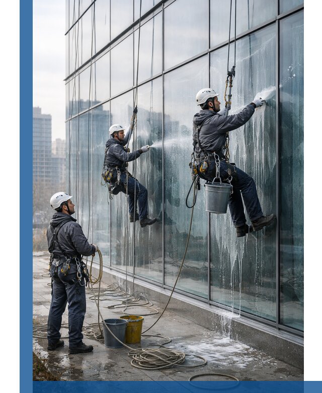 Промышленная мойка панорамных окон на высоте в Саяногорске