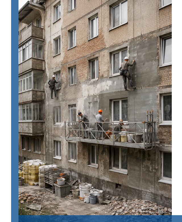 Капитальный ремонт фасада в Саяногорске с восстановлением и гидроизоляцией