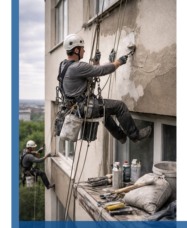 Косметический ремонт фасада зданий в Саяногорске промышленными альпинистами