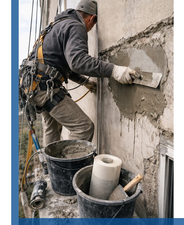 Ремонт бетонных элементов фасада промышленными альпинистами в Саяногорске