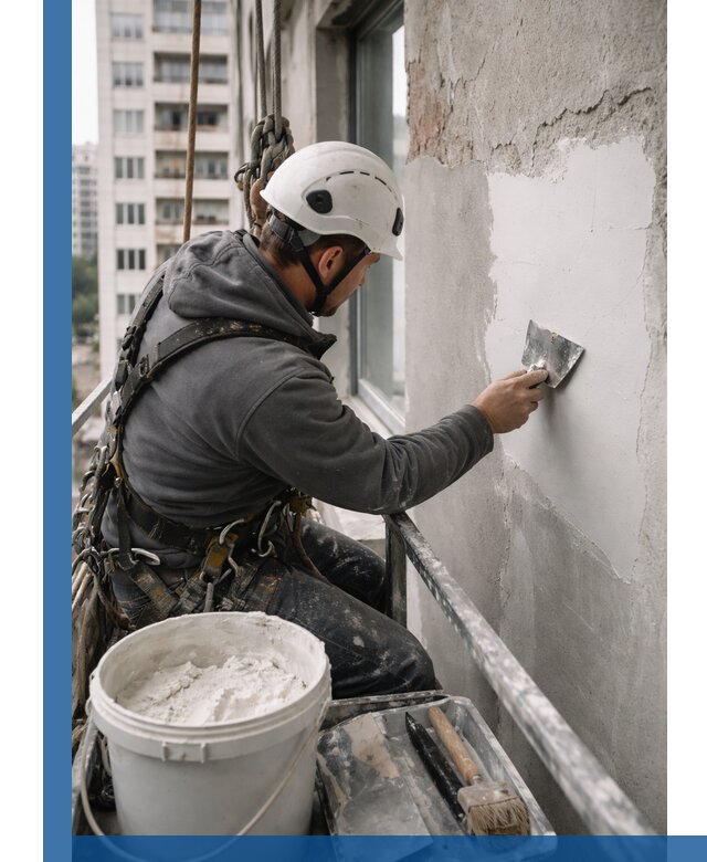 Шпаклевка фасадов на высоте с промальпинистами в Саяногорске