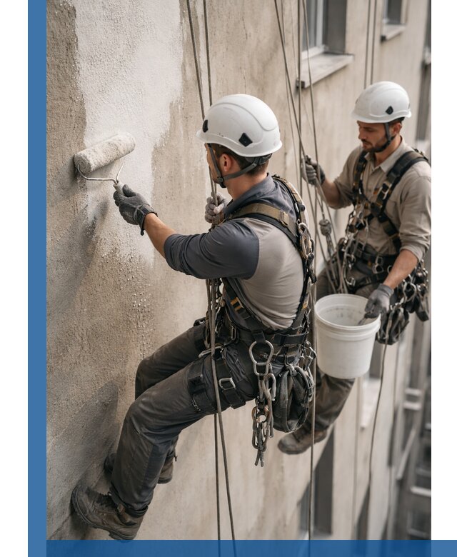 Грунтовка фасада на высоте в Саяногорске промышленными альпинистами