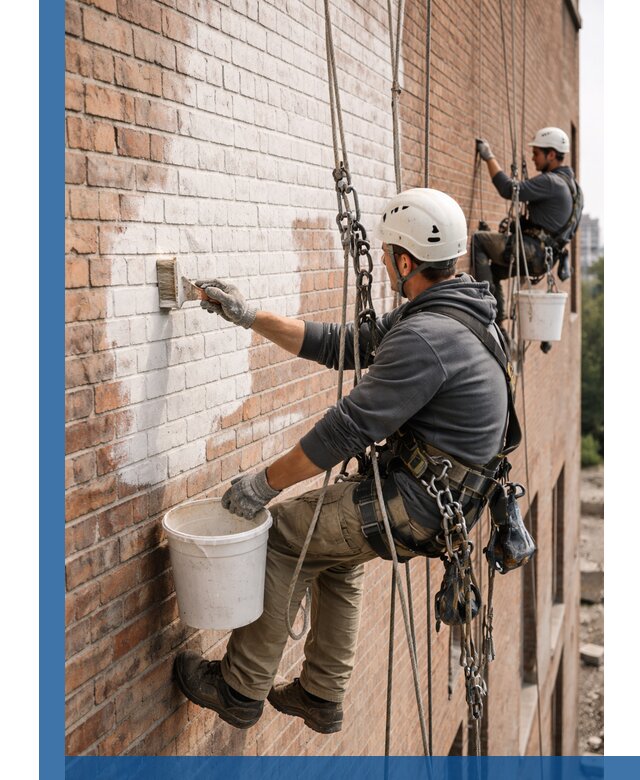 Покраска кирпичного фасада с доступным альпинистским сервисом в Саяногорске