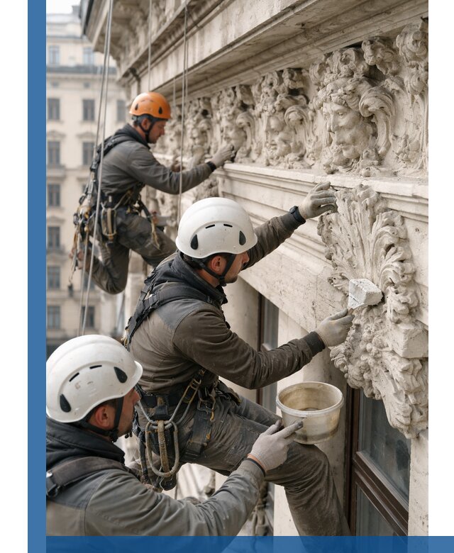 Реставрация фасадной лепнины с высотными работами в Саяногорске