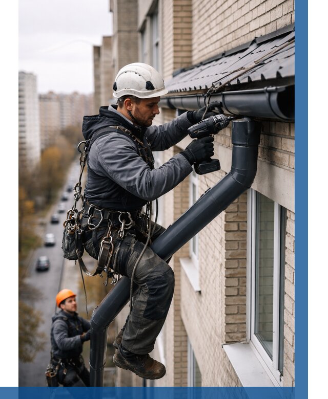 Монтаж водосточной системы на здании в Саяногорске от 5122 р. | ВЫСОТНИК-Снг