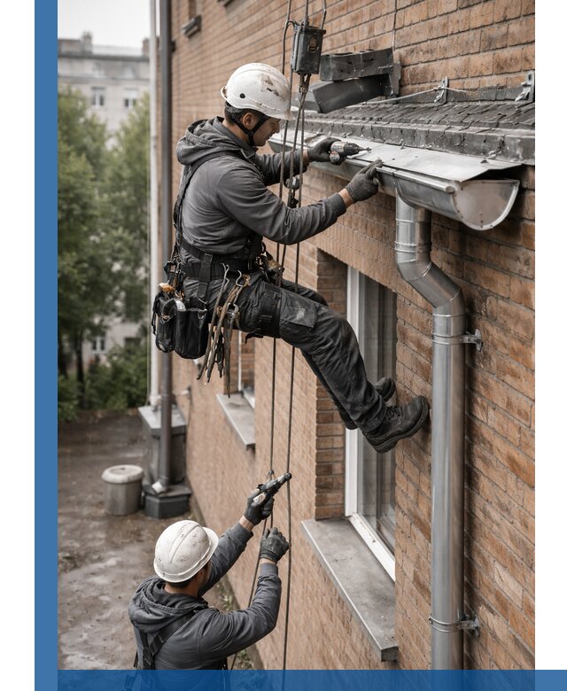 Монтаж водосточной системы на здании в Саяногорске под ключ