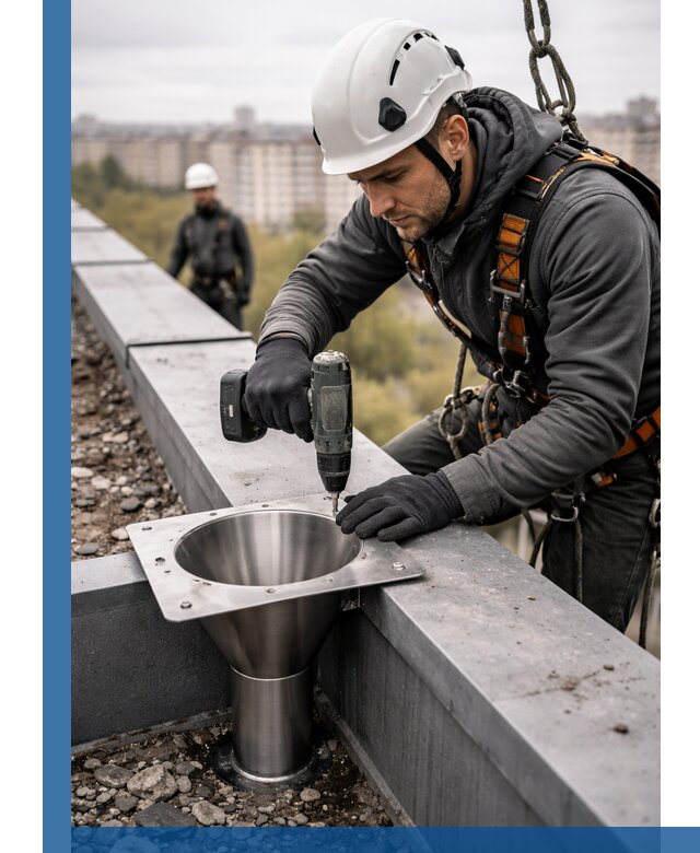 Монтаж водосточных воронок в Саяногорске для промышленных зданий