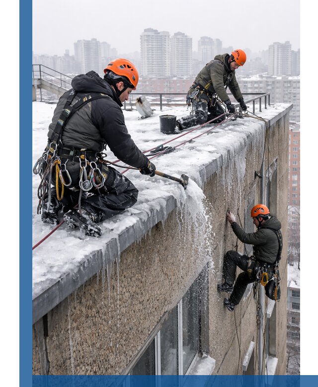 Удаление наледи с кровли в Саяногорске промышленными альпинистами
