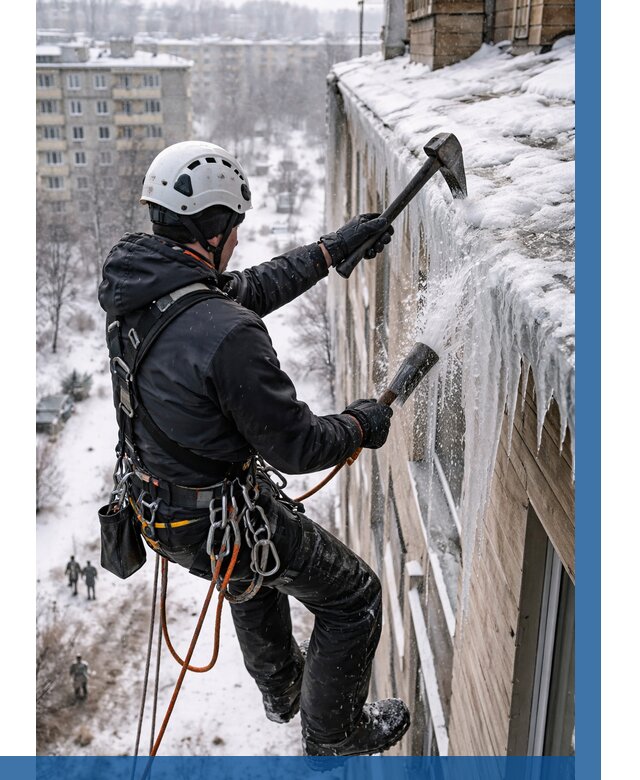 Сбивание сосулек с крыши в Саяногорске по цене от 4609 р. | ВЫСОТНИК-Снг