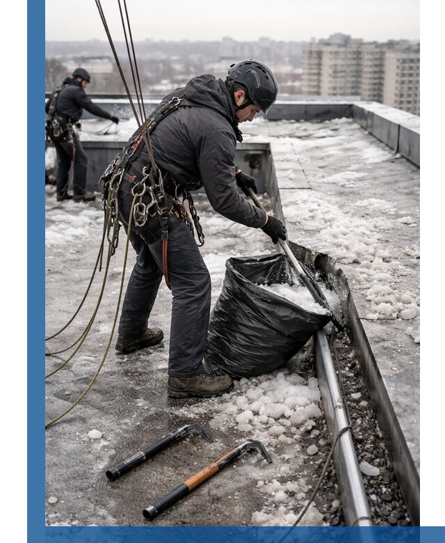 Аварийная очистка кровли в Саяногорске от промальпинистов