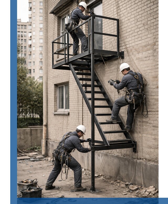 Монтаж пожарной лестницы в Саяногорске, установка и крепление