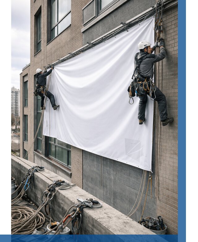 Монтаж баннеров на фасаде в Саяногорске от 666 р. заказать ВЫСОТНИК-Снг