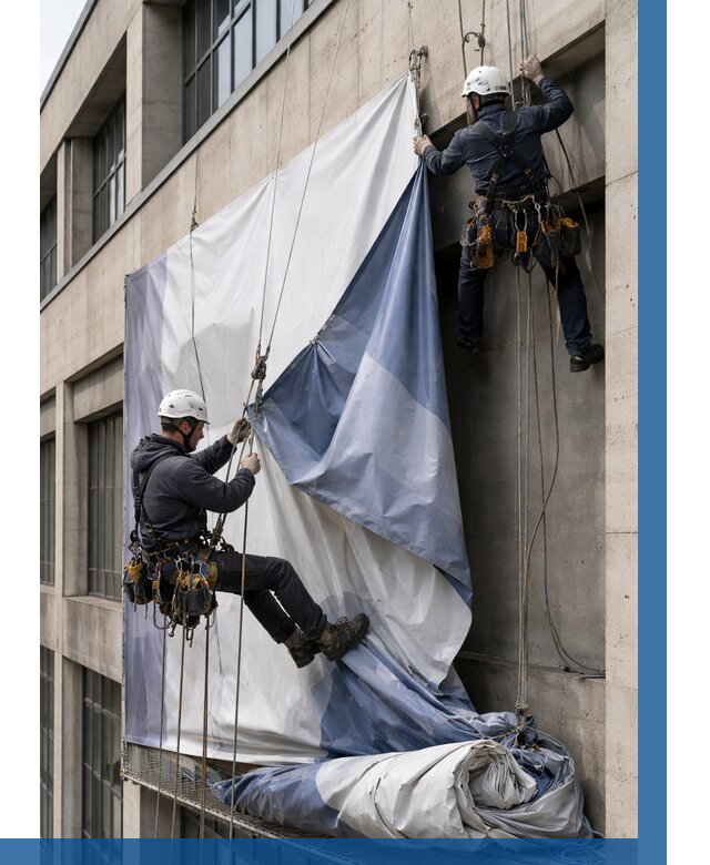 Демонтаж баннеров с фасада в Саяногорске от 4609 р. | ВЫСОТНИК-Снг