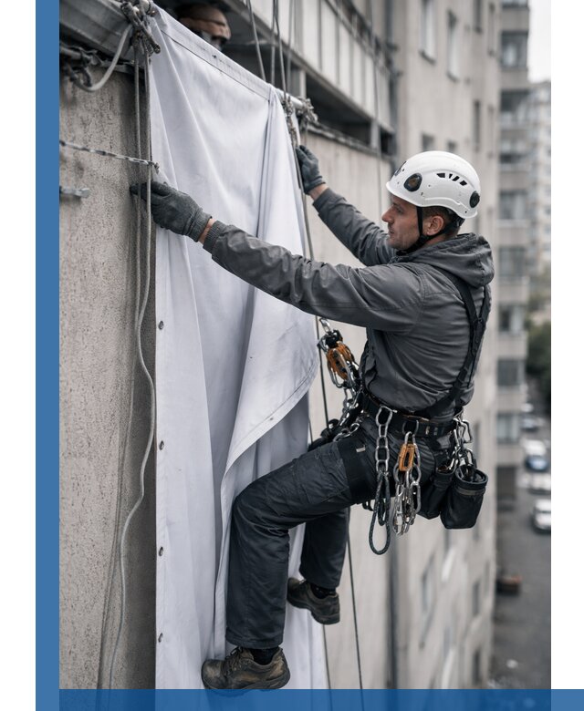 Замена баннерного полотна промышленными альпинистами в Саяногорске