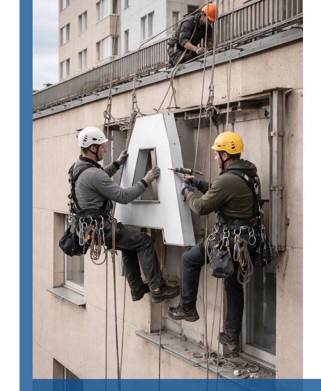 Ремонт и восстановление наружных вывесок на высоте в Саяногорске