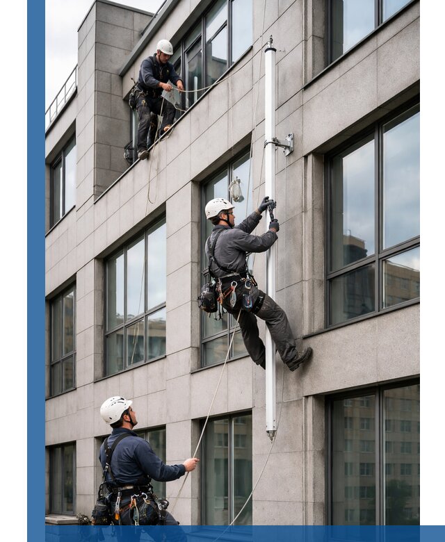 Монтаж флагштока на фасаде здания с креплением и герметикой в Саяногорске