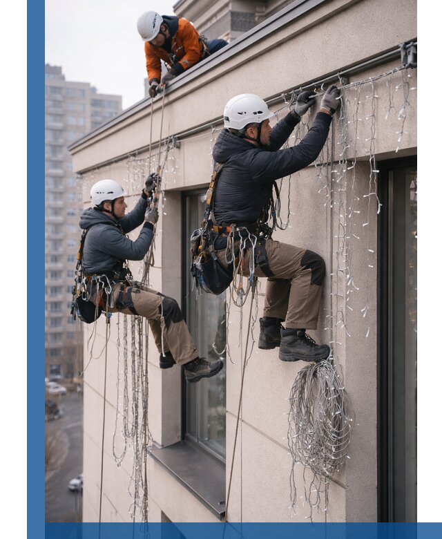 Монтаж праздничных гирлянд на фасаде в Саяногорске для зданий