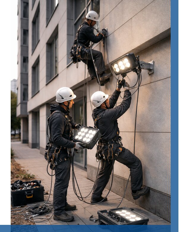 Монтаж прожекторов на фасаде в Саяногорске от 7682 р. | ВЫСОТНИК-Снг