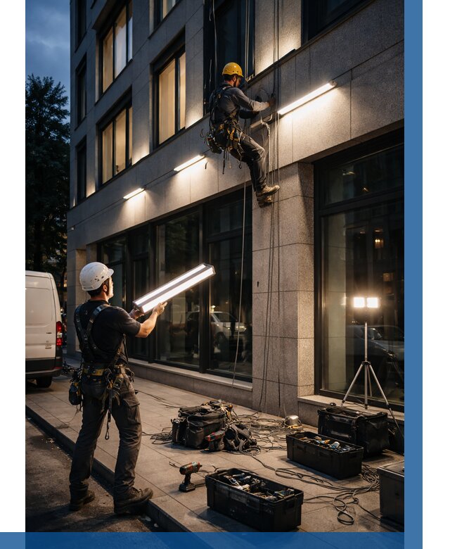 Монтаж архитектурной подсветки здания в Саяногорске от 2561 р.|ВЫСОТНИК-Снг