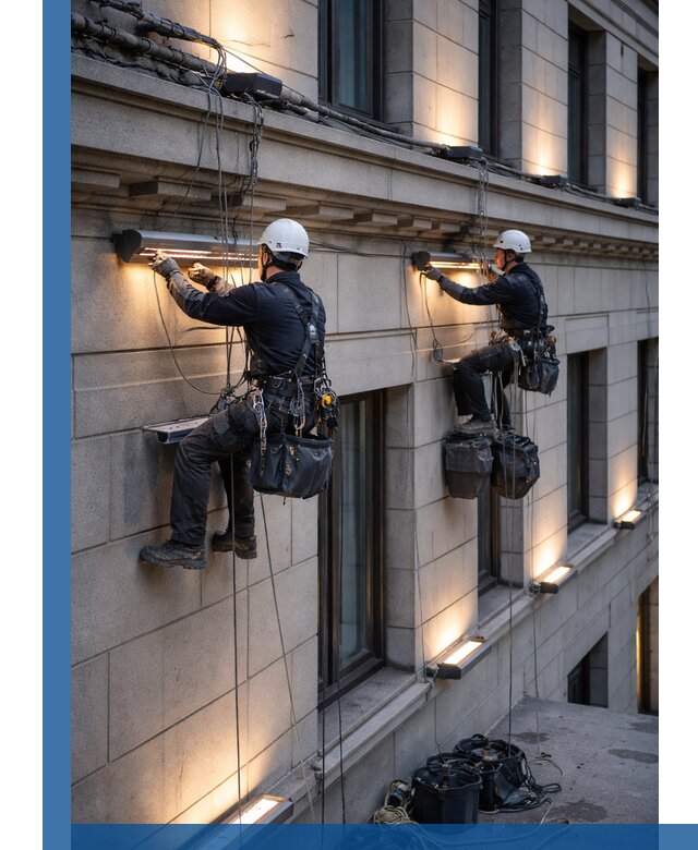 Монтаж архитектурной подсветки фасадов зданий в Саяногорске