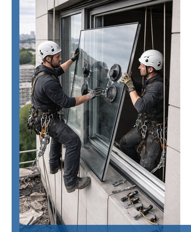 Замена стеклопакетов на высоте с промышленными альпинистами в Саяногорске