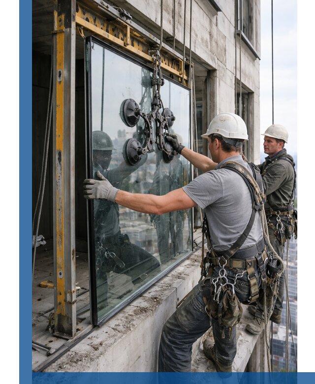 Монтаж стеклопакетов на высоте в Саяногорске с промышленным альпинизмом