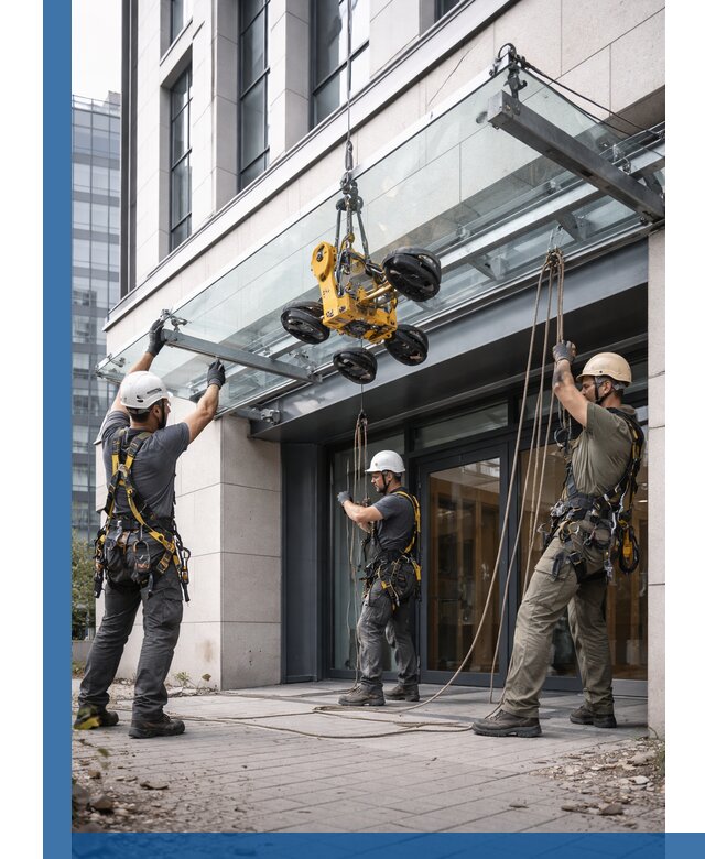 Монтаж стеклянных козырьков под ключ в Саяногорске для зданий