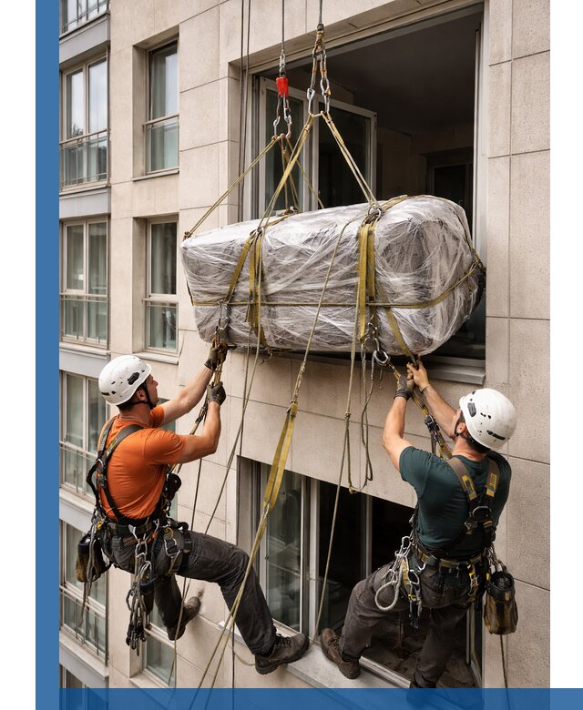 Подъем грузов через окно в Саяногорске промышленными альпинистами