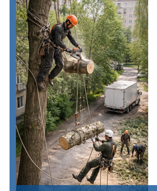 Спил деревьев альпинистами в Саяногорске, безопасно и без повреждений
