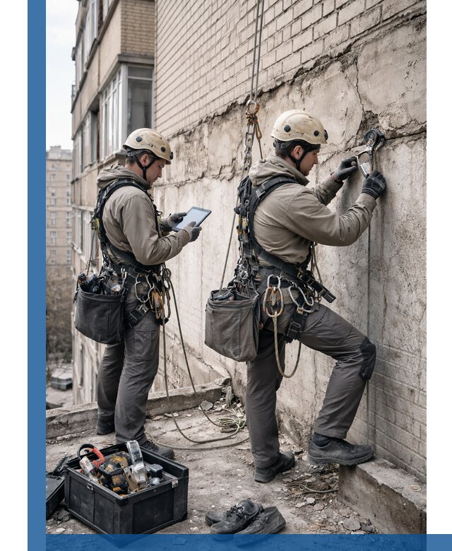 Обследование фасада промышленными альпинистами в Саяногорске